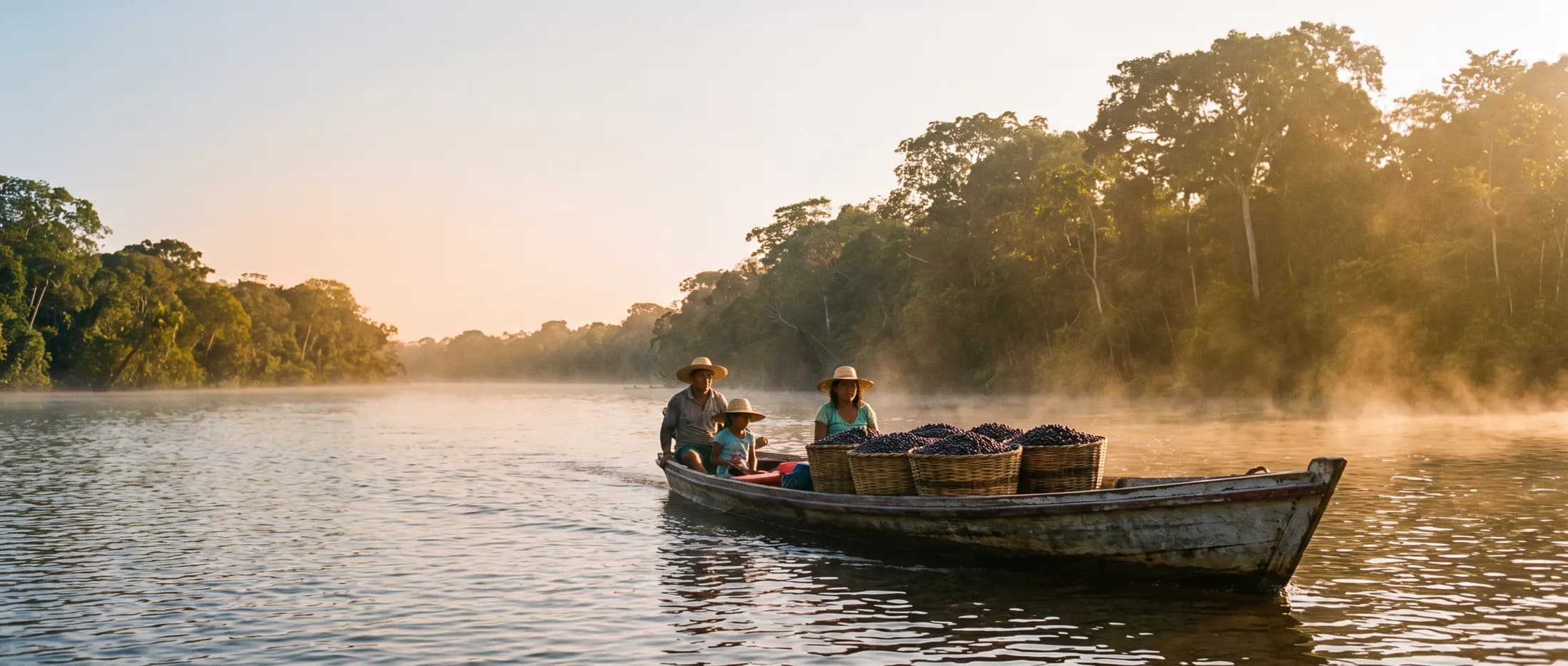Raccolta dell'açaí lungo il fiume amazzonico