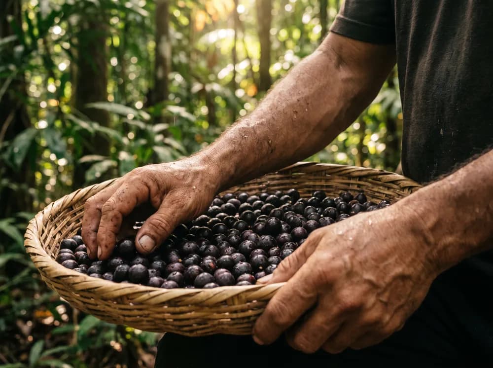 Mani che selezionano bacche di açaí appena raccolte in un cesto
