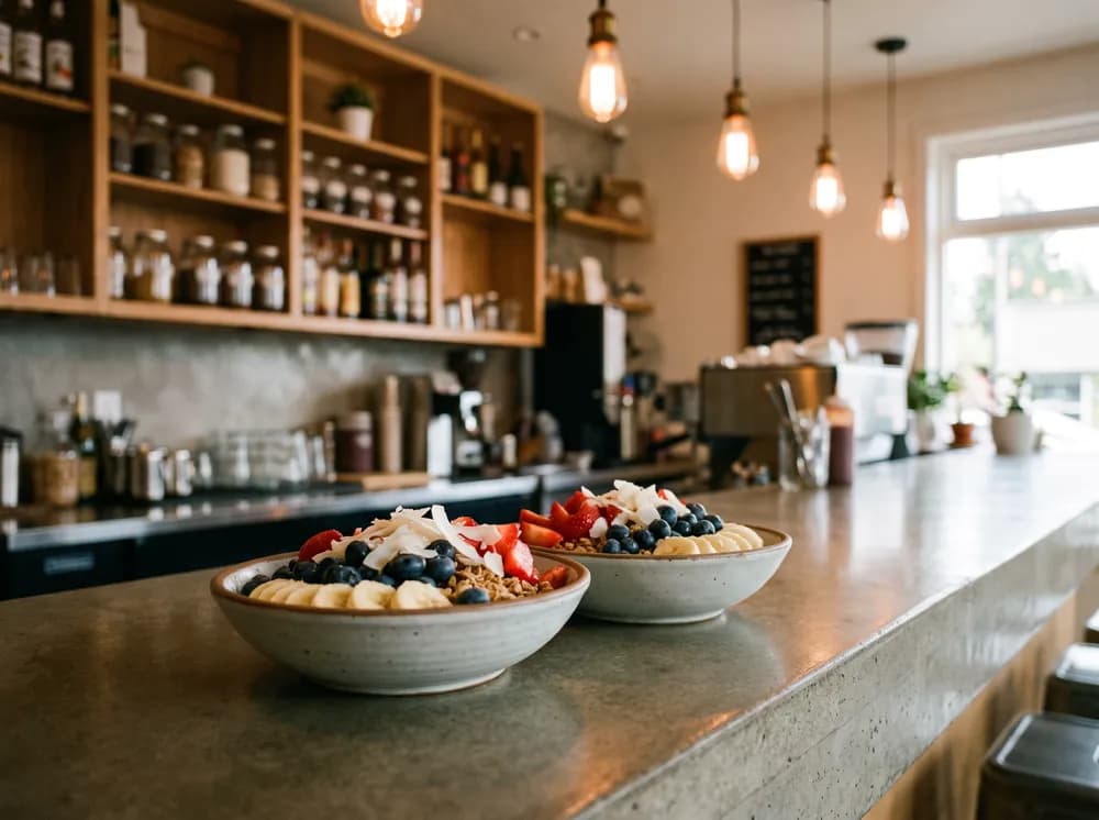 Due coppe di açaí guarnite con frutta fresca sul bancone di un bar