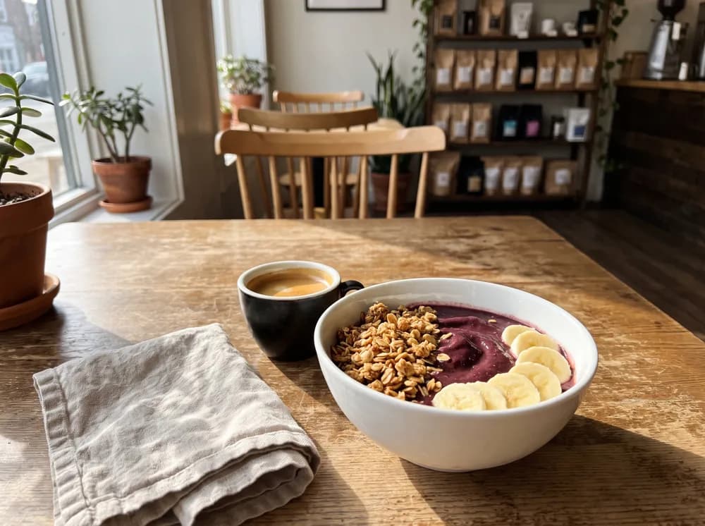 Coppa di açaí con granola e banana su un tavolo di legno