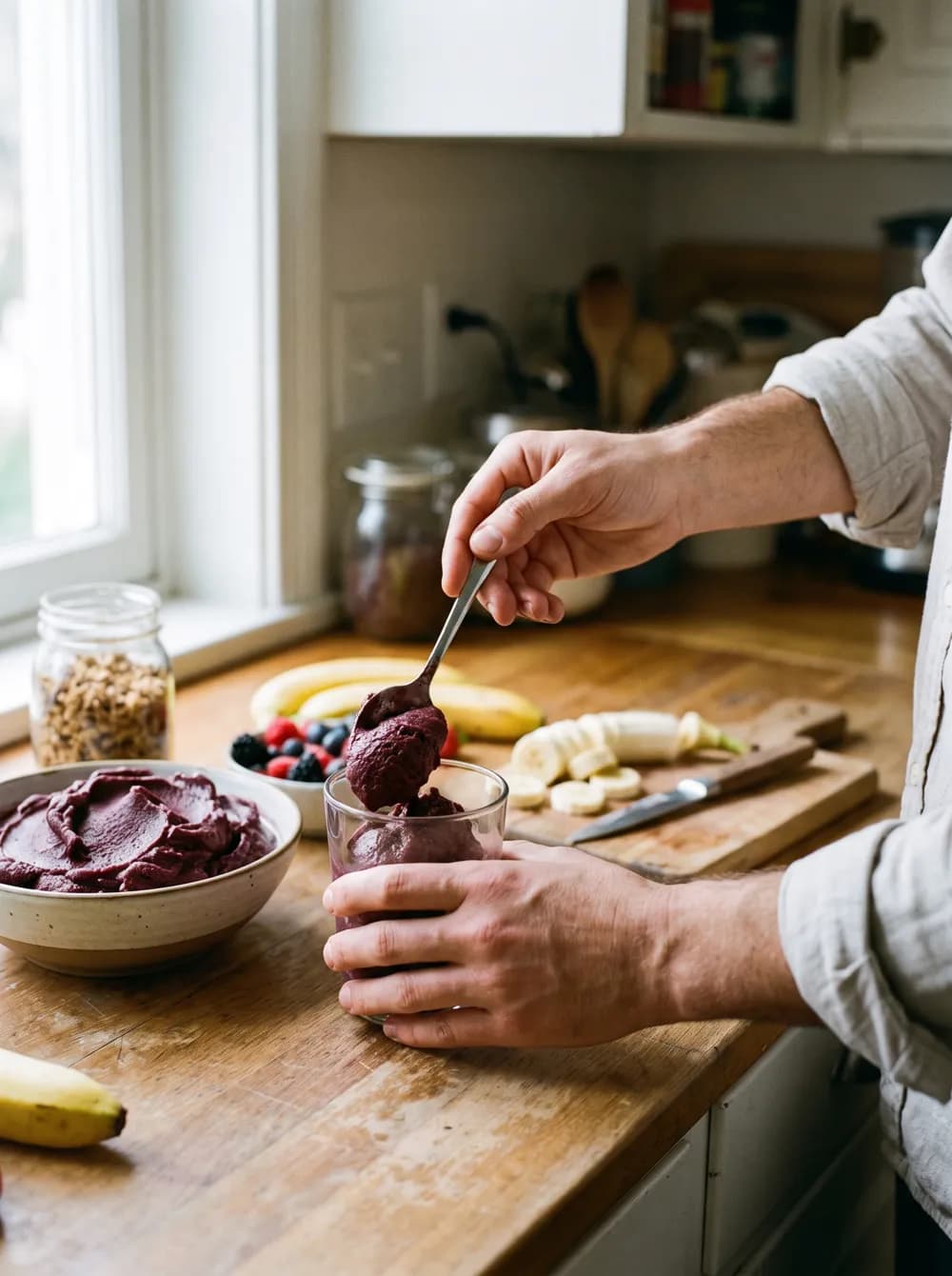 Mani che servono açaí cremoso in un bicchiere su un piano cucina