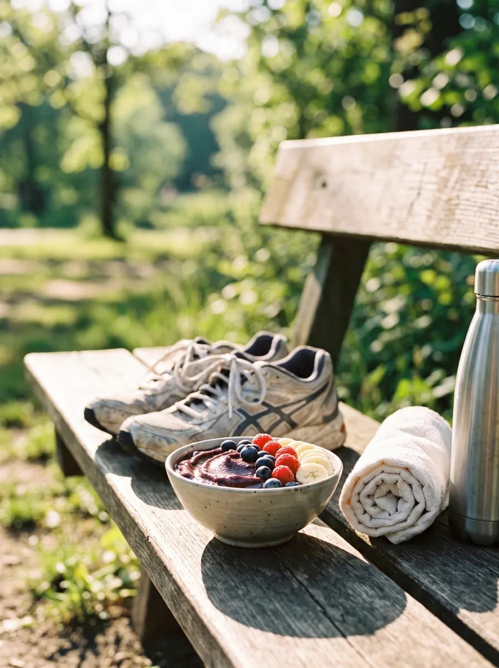 Coppa di açaí con frutti di bosco su una panchina accanto a scarpe da corsa e borraccia