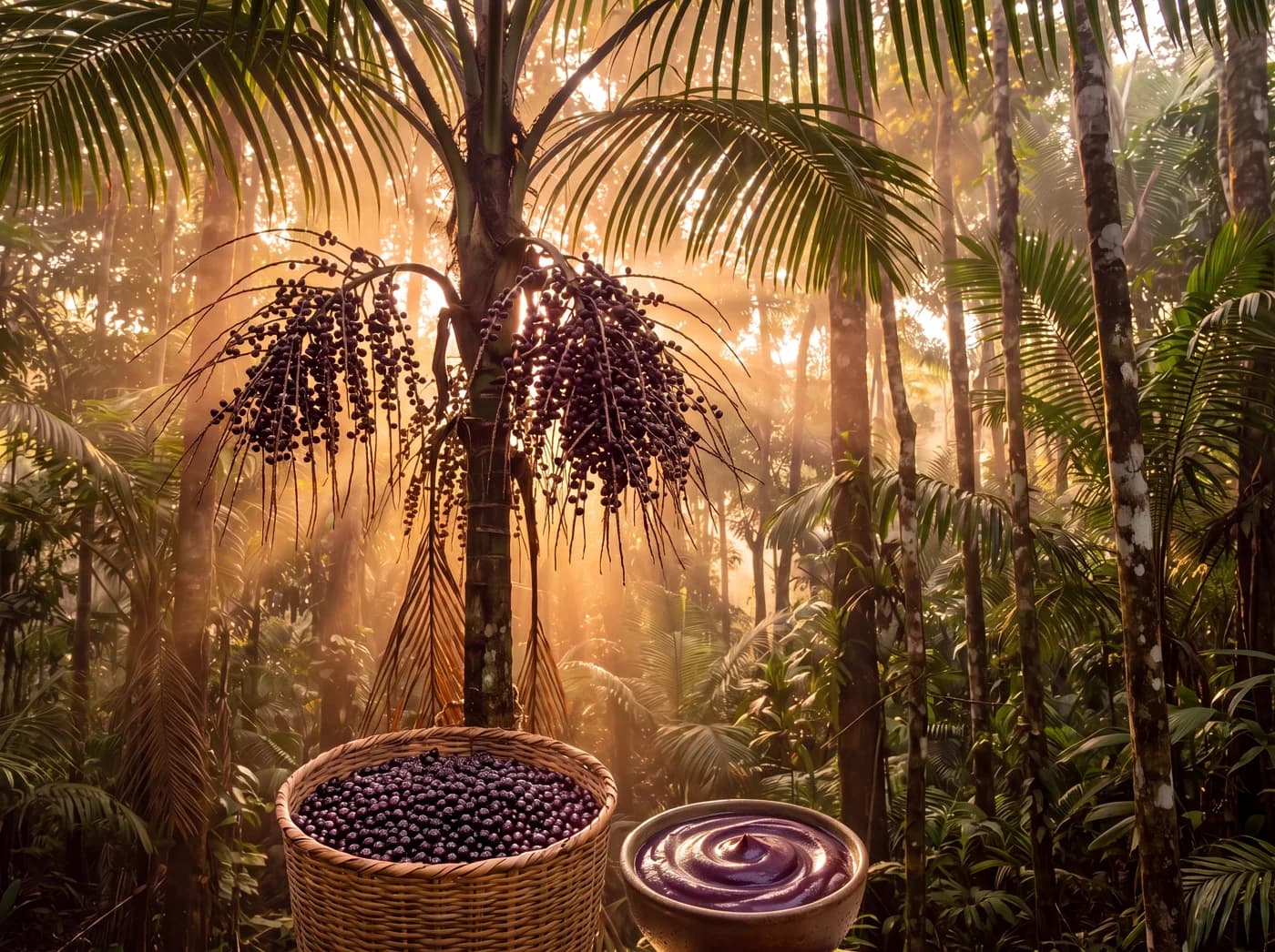 Palma di açaí nella foresta amazzonica con un cesto di bacche appena raccolte e una ciotola di polpa cremosa
